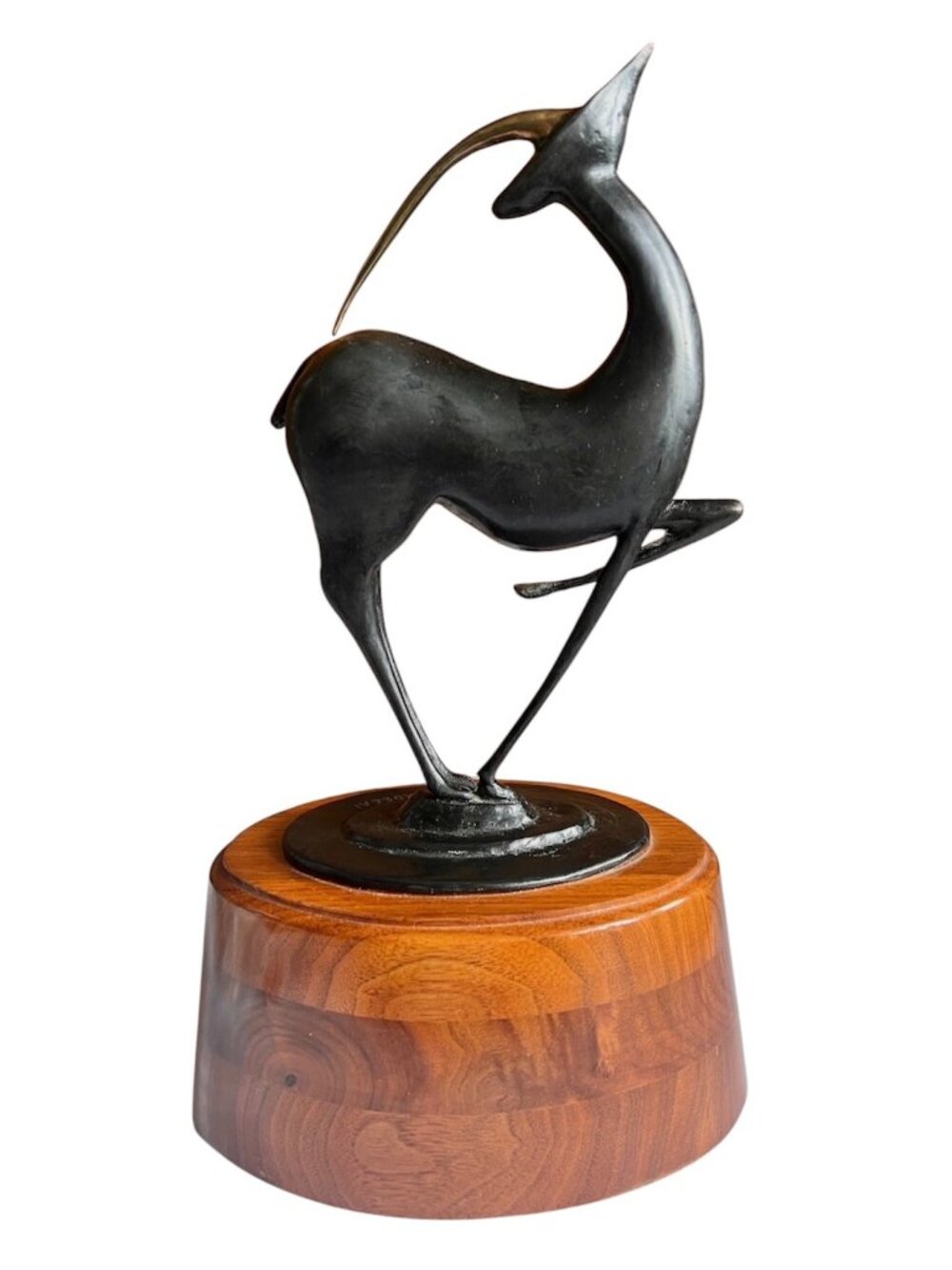 Signed Mordecai Art Deco Brass Antelope Sculpture Black Patina Wood Base 12" T